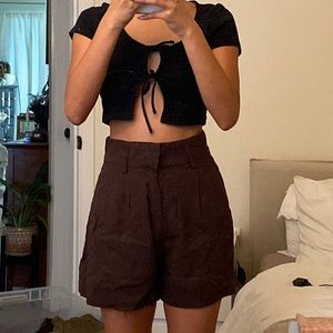 Brown High-Waisted Trouser Shorts